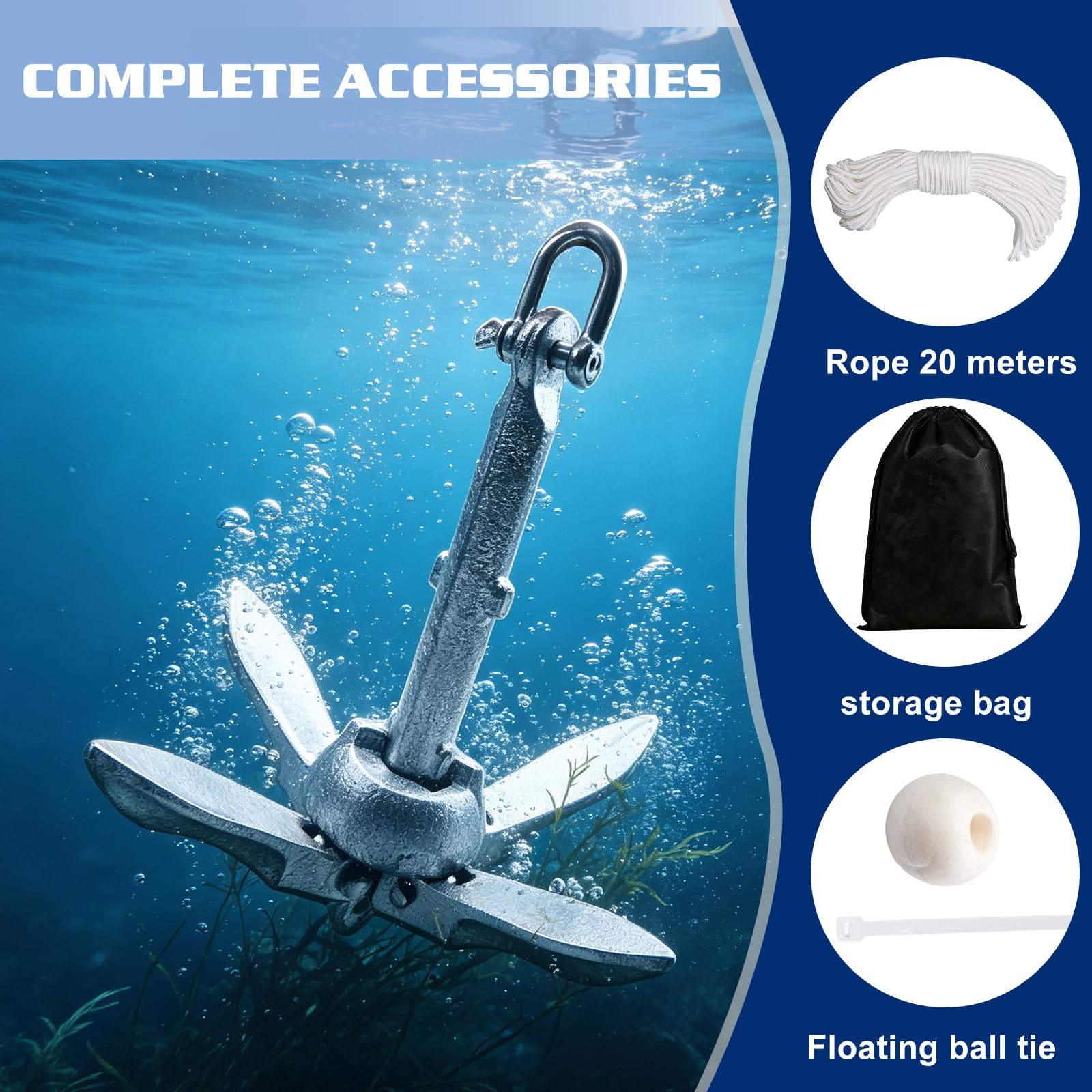 0,7Kg Anker Boot Set, 4 Haken Enterhaken mit 20 m Seil ø 6 mm, Ankerboje Kugel Set, Verzink, Klappanker für Kleine Boote und Reinigen von Wasserpflanzen vor Dem Angeln