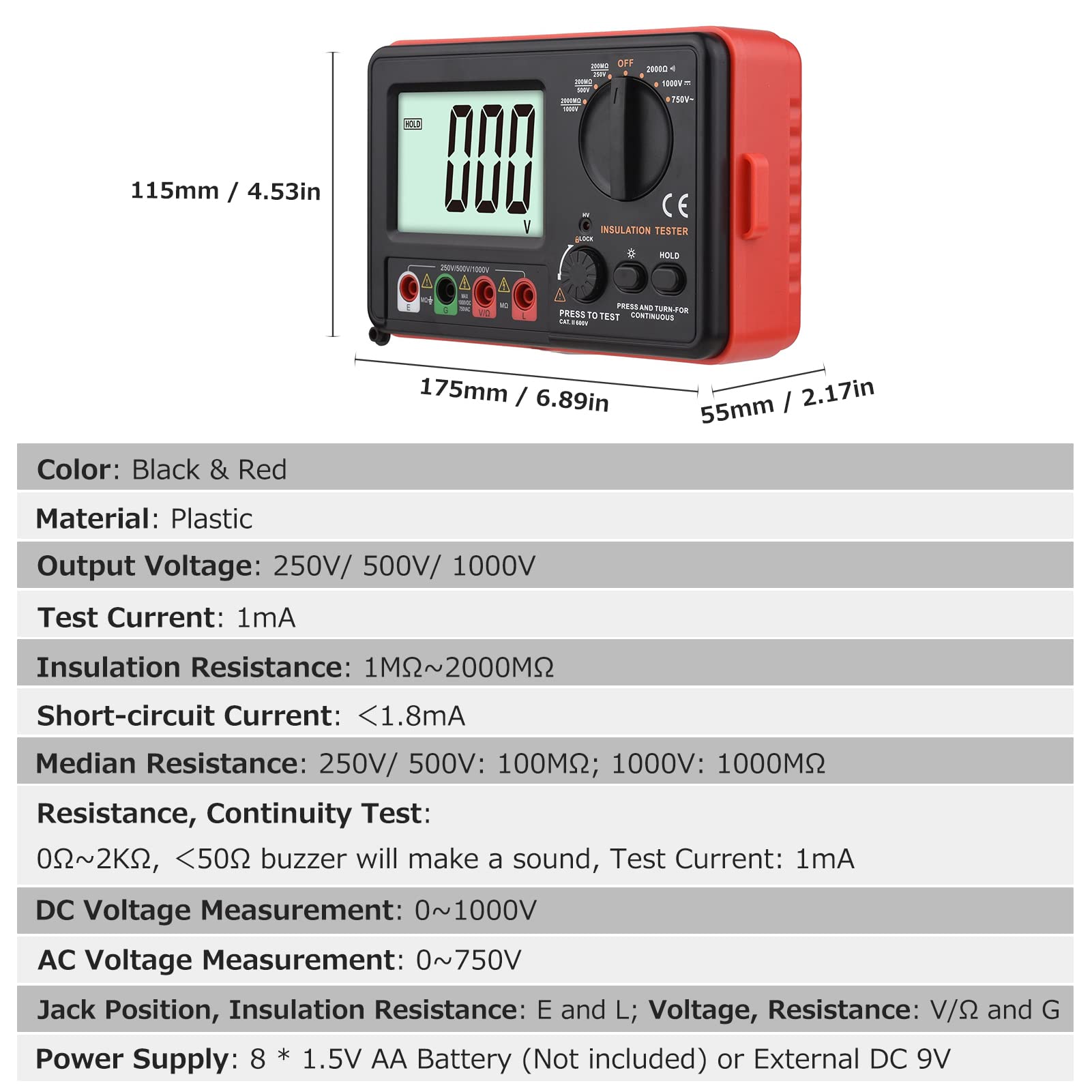 Digitales Isolationswiderstandsmessgerät mit LCD-Hintergrundbeleuchtung DC 250V/ 500V/ 1000V AC 750V Multifunktions-Isolationswiderstands-Messgerät-Kit mit Riemen/Schutzdeckel/Stoffbeutel.