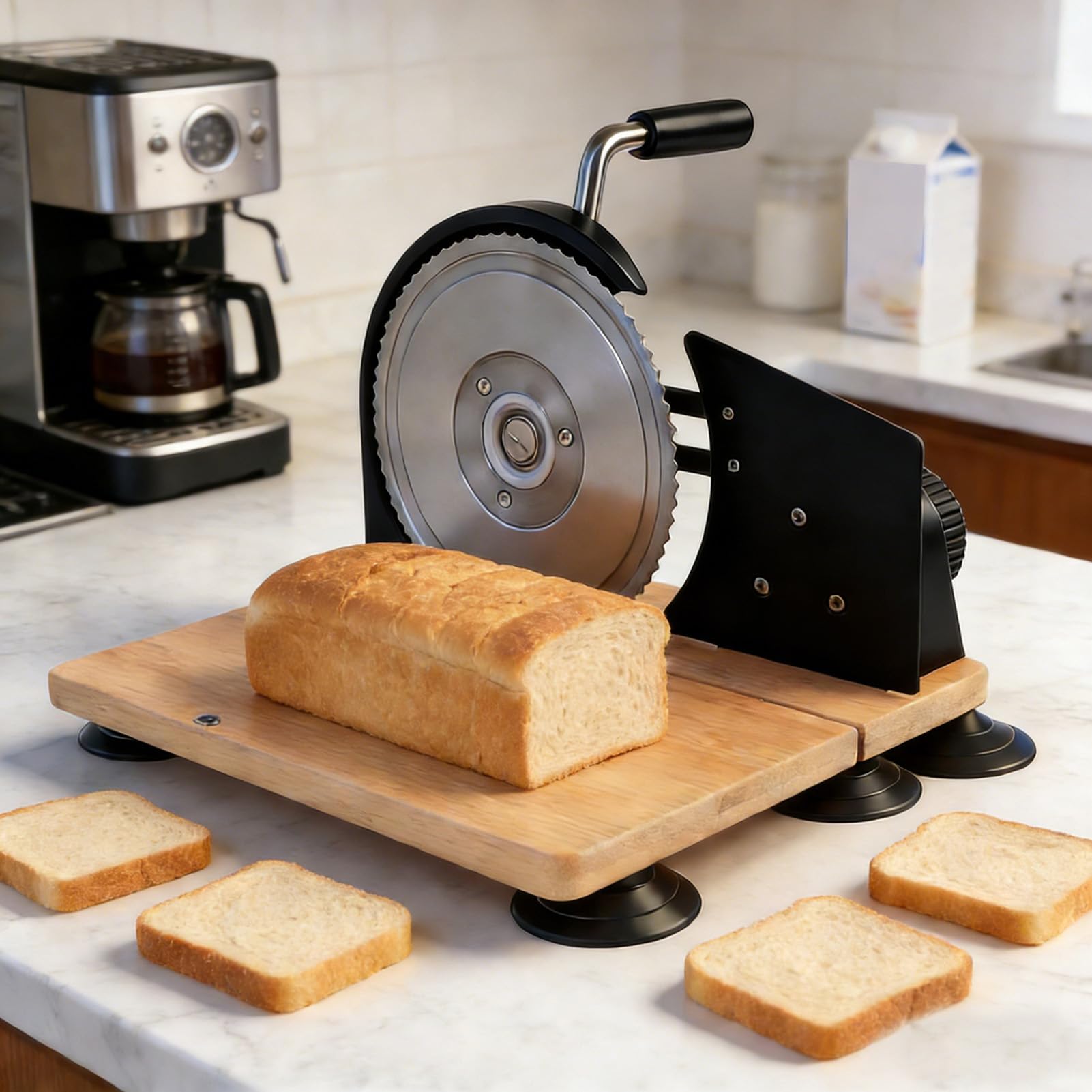 Naroote Cortador de Pan Manual, Herramienta de Corte de Espesor Ajustable con Manivela, Máquina de Corte Uniforme de Acero Inoxidable con Diseño Compacto y Estable, Ideal para Masa Madre y Cocina