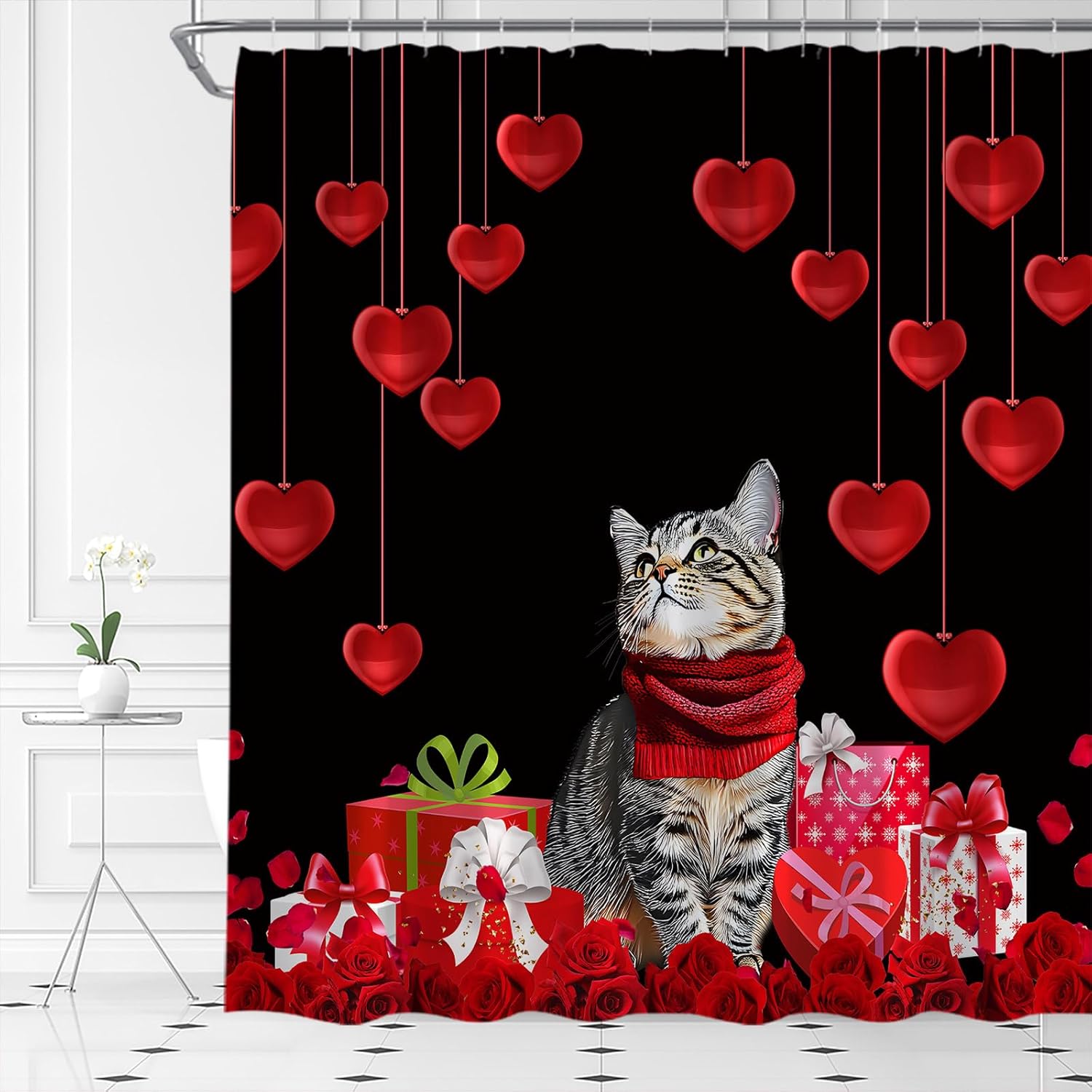 AMFD Valentine's Day Shower Curtain Cute Cat Romantic Red Heart Rose Love Couple Woman Girl Creative Bathroom Curtains Decor Fabric Set Include Hooks,(70" Wx84 H)