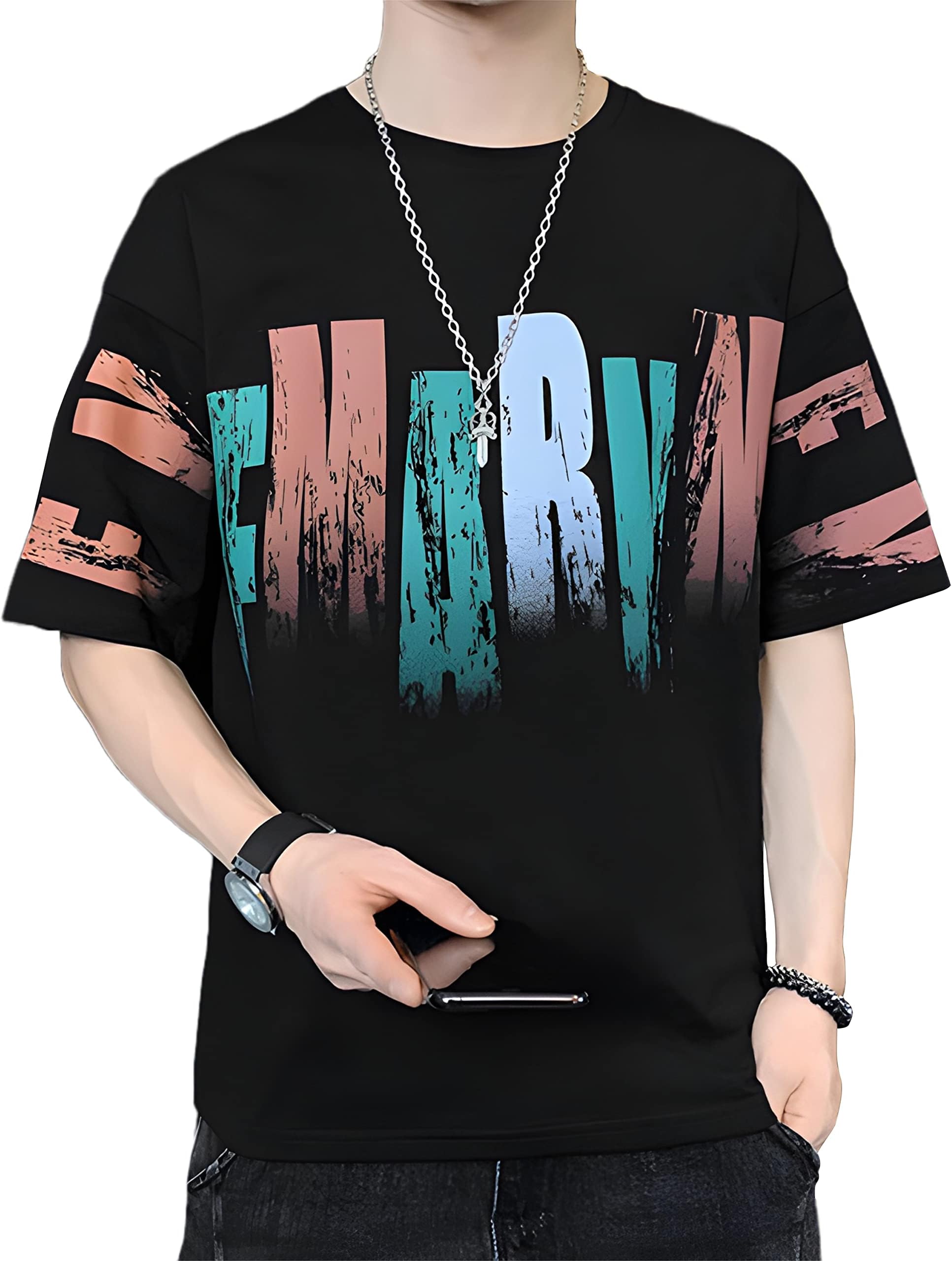 Men's Cotton Oversized Fit Casual Printed Round Neck, Oversized Longline Drop Shoulder Boho Style T-Shirt