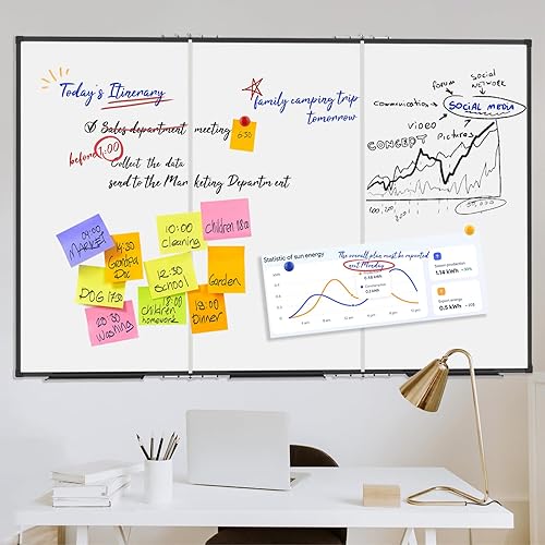Miniatura 4 de Pizarra blanca grande para pared, pizarra magnética de borrado en seco, plegable de 60 x 48 pulgadas, marco de aluminio negro, con 3 bandejas de