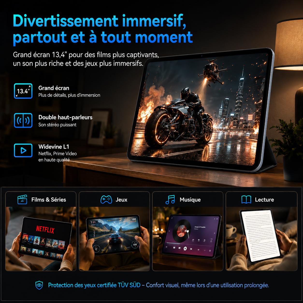 Tablette Android 16 13.4 Pouces 2K FHD+ 120Hz, 24Go+256Go(TF 2To), Octa-Core, Tablette Tactile avec Clavier et Souris, 8300mAh/18W, 16MP+8MP, Widevine L1/Gemini AI/Faciale ID/GPS, Garantie 3 Ans 1PCS