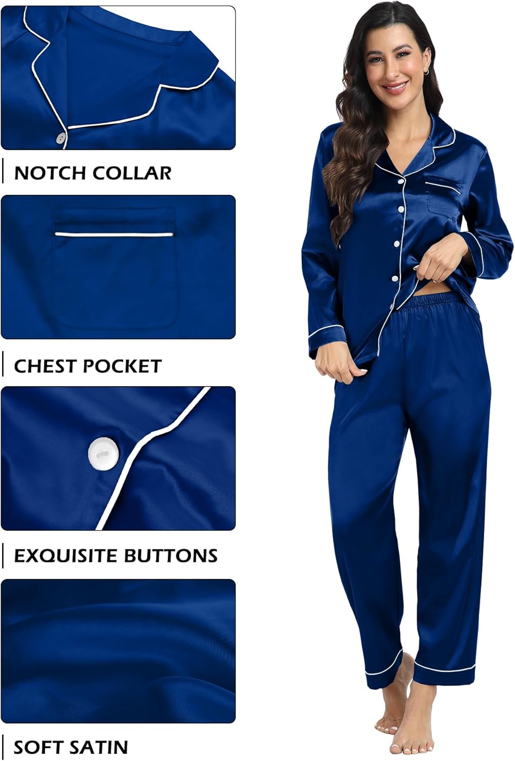 Mens Pajama Set Long Sleeve Satin Silky Sleepwear Classic Button Down Loungewear Pjs Set for Men, Navy Blue-XXL - Image 4