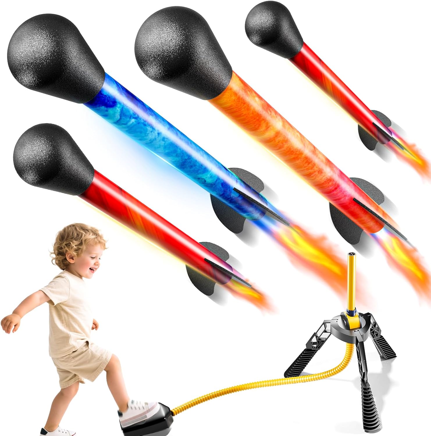 Rockets for Kids Age 4-8 with 4 LED Rockets and Launcher - Outdoor Toys for 4 5 6 7 8-12 Year Old Boy Birthday Gift, Air Powered Flying Toy Shooting Up to 100 Feet, Toys for Kids Ages 8-12
