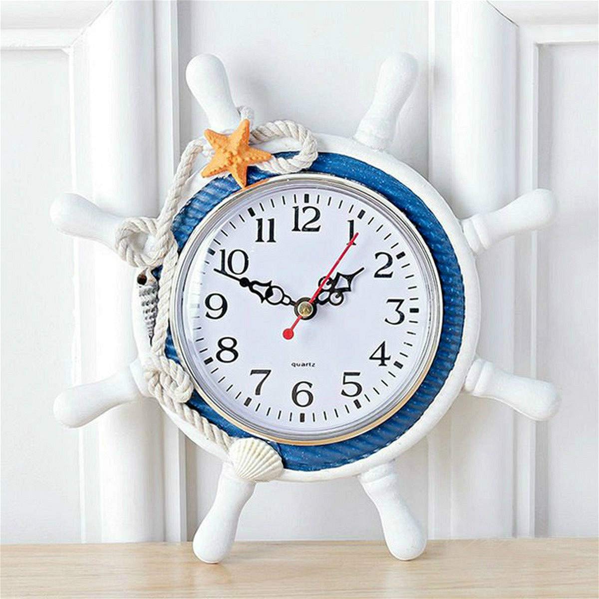 RTGGSEL Mediterranean Style Nautical Silent Desk Clock Lighthouse Helm Wooden Clocks Ship Wheel Rudder Shelf Clocks Beach Theme Clock Decor Ornament (White Helm)