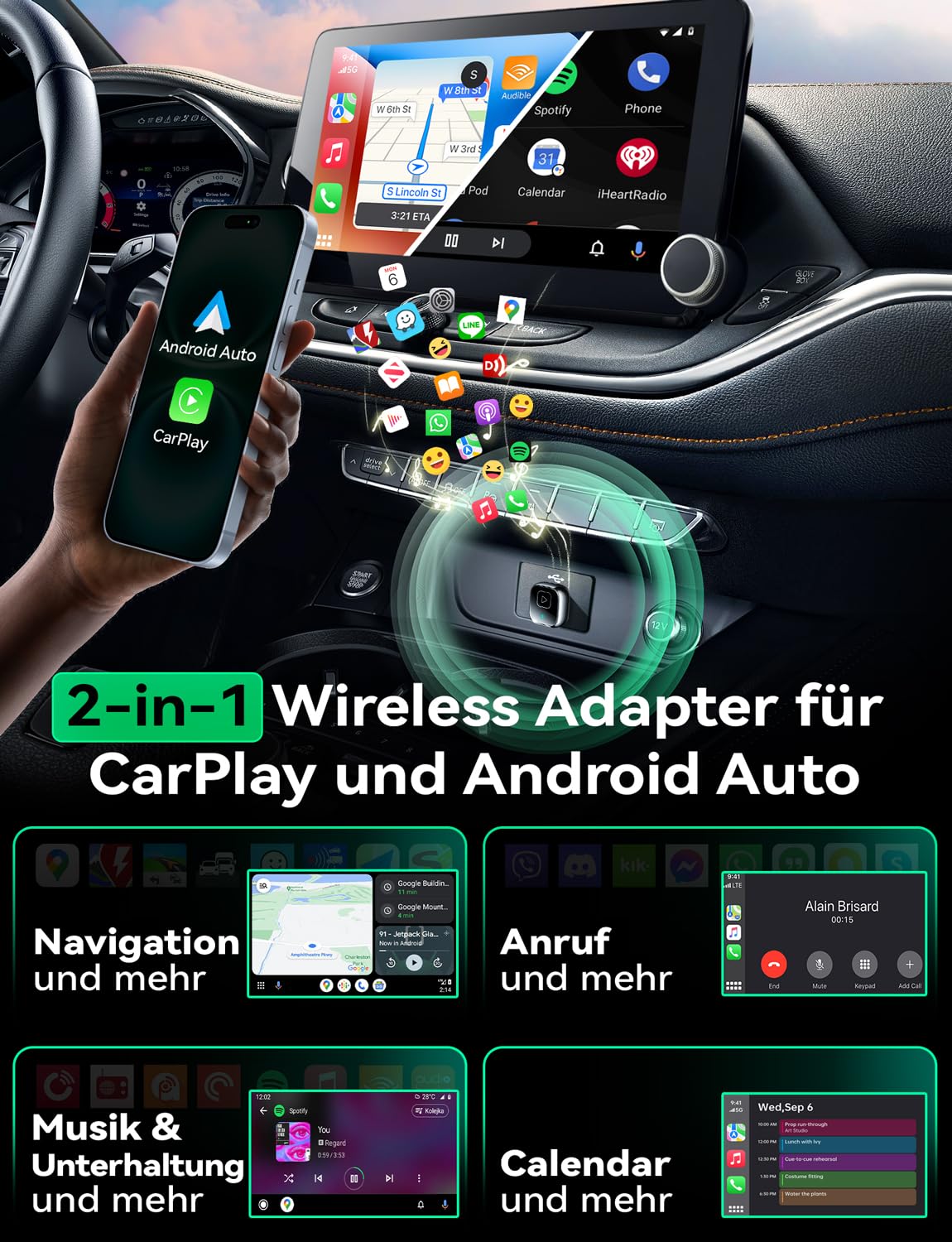 Mavlou Metalldesign Mini 2-in-1 Wireless CarPlay Android Auto Adapter Dongle für iOS 10+ Android 11+ Autos ab 2016 Schwarz