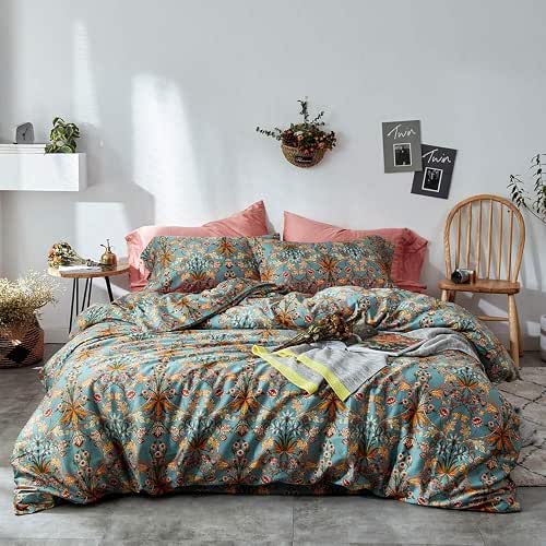 VM VOUGEMARKET Green Gold Duvet Cover Queen,Medallion Paisley Print Bedding