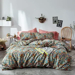 VM VOUGEMARKET Gold Green Flower Duvet Cover Full,Medallion Print Bedding Set Percale Cotton Vibrant Bohemian Pattern Quit Cover with Zipper Closure