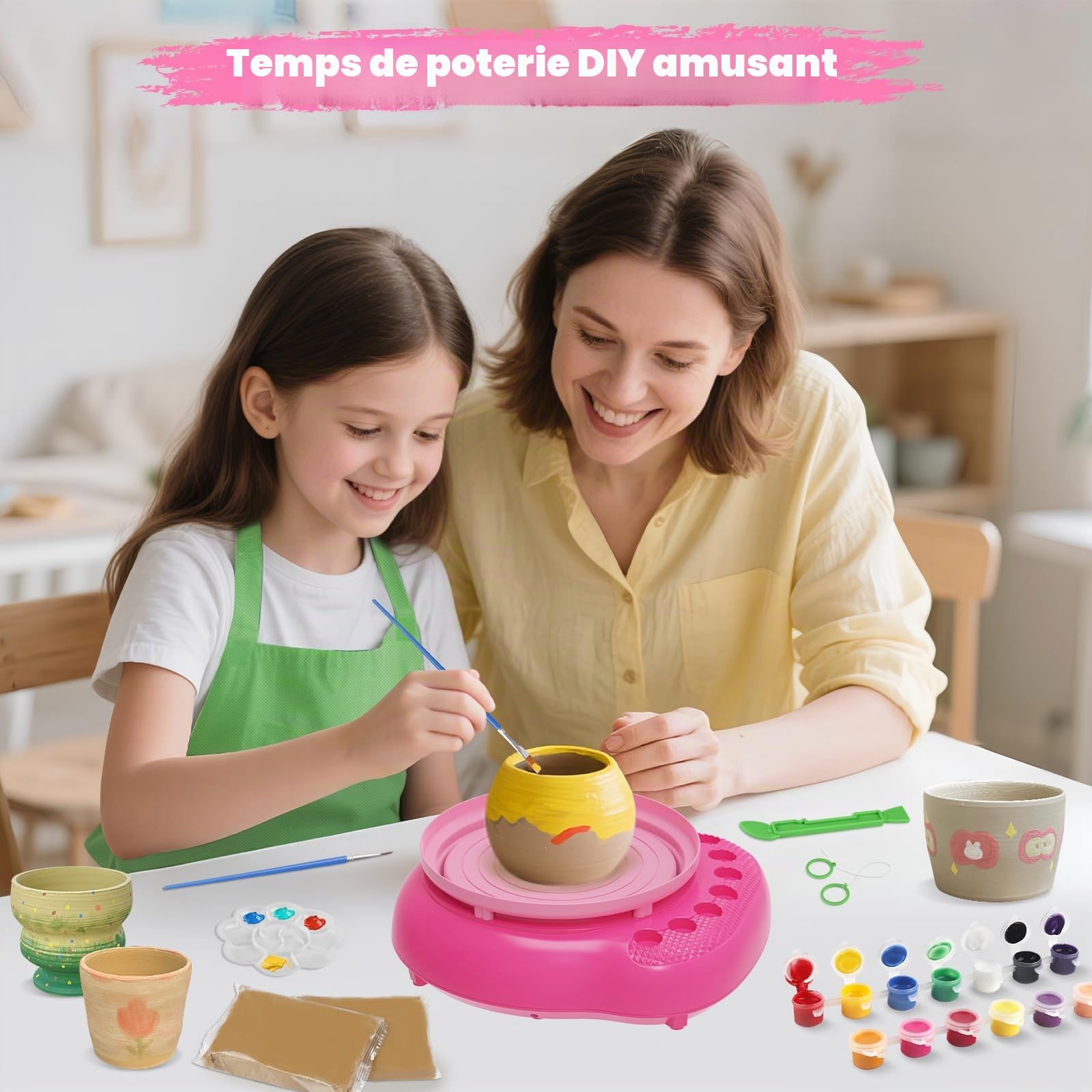 Tour de Potier pour Enfants avec Kit d'Argile-Loisirs Créatifs Enfants 6-12 Ans, Kit de Poterie Complet avec Argile Auto-Durcissante et Outils de Peinture, Cadeau Pâques Noël Anniversaire Garçon Fille