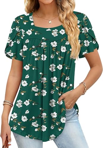 Findsweet 2025 Women's Petal Short Sleeve Tunic Top Casual Square Neck Shirts Lo