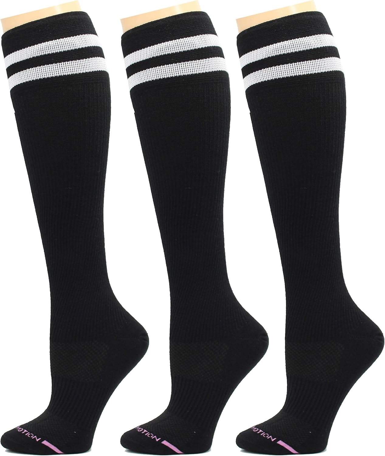Dr. Motion Everyday Graduated Athletic Sports Compression Womens Knee-Hi Socks 3 Pairs With Sorbtek Wicking Yarn (Black W/ Stripes)
