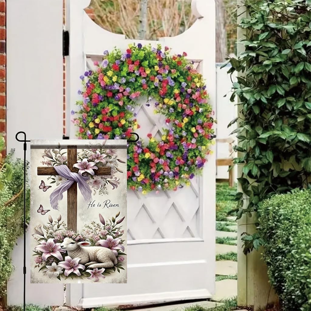 He Is Risen Garden Flag 12x18 Inch Double Sided Outdoor Yard Banner Christian Cross Lily Flowers and Lamb Easter Religious Theme Garden Decoration for Porch Patio Lawn Church Outdoor Decor - Image 8