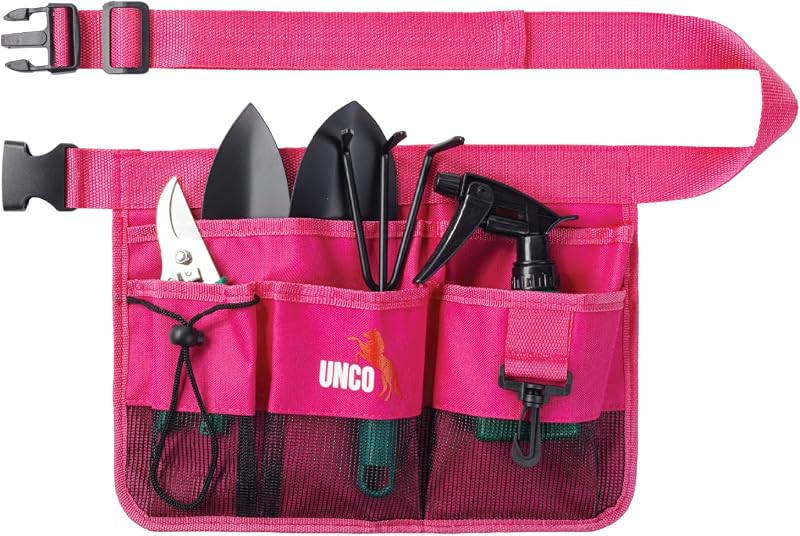 Adjustable Gardening Belt, Pink, 7 Pockets, Wear, Cut and Water Resistant, Garden Tool Belt Pouch, Waist Apron with Pockets