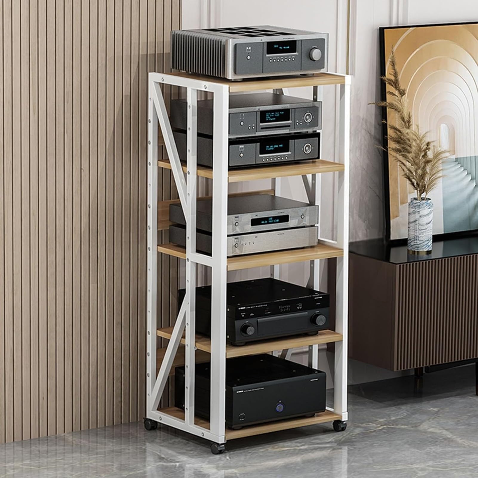 XingLi 3/4/5-Tier Audio Stand Wooden Corner Shelf Movable AV Media Player Stand Stereo Component Cabinet with Height Adjustable Wooden Shelf for Home/Office/Theater(4 tier)