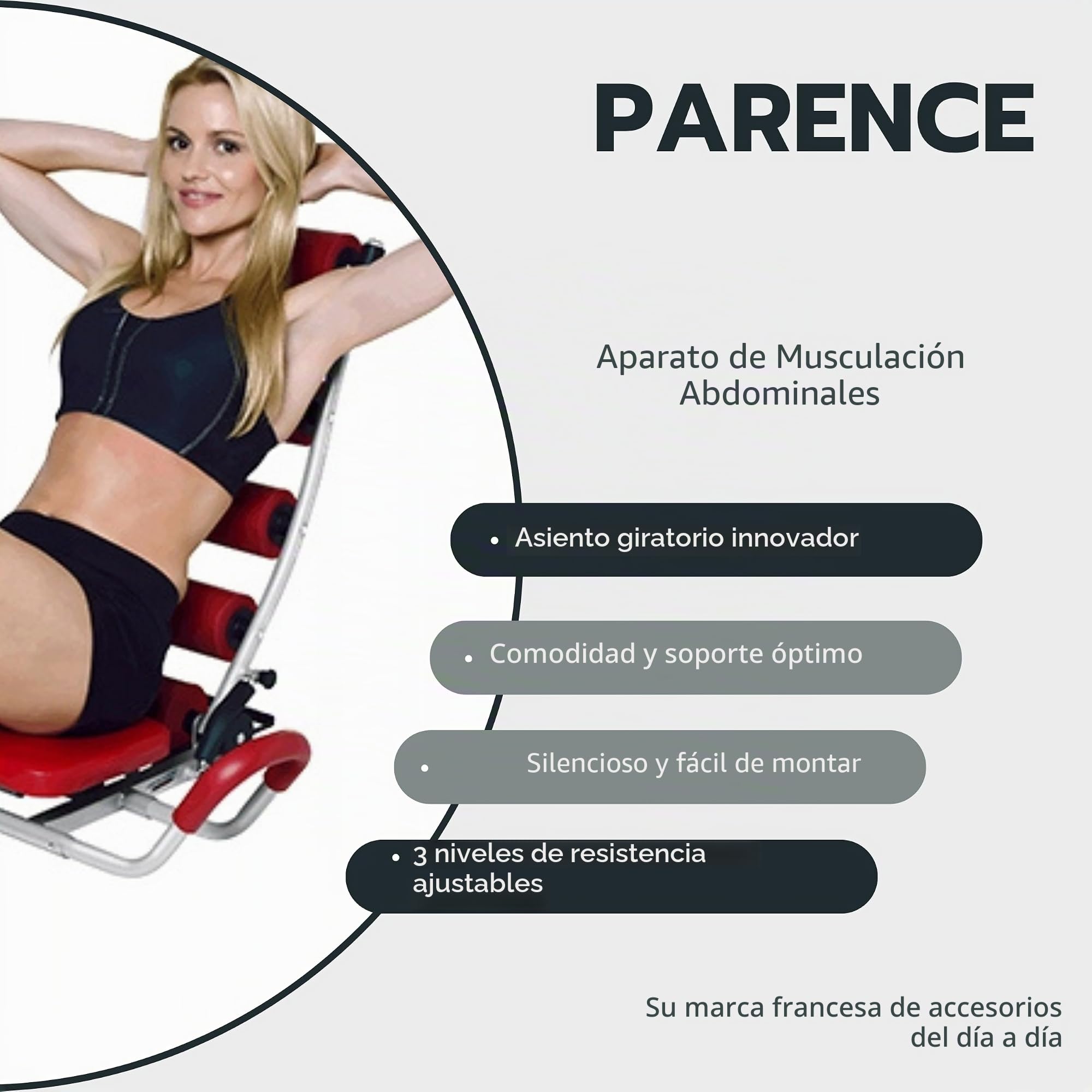PARENCE.- máquina de fuerza abdominal – asiento giratorio, equipo de fitness en casa para abdomen, cintura, brazos y muslos – varios ejercicios, 3 niveles de resistencia, reposacabezas cómodo