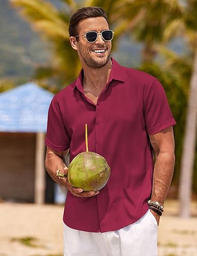 Miniatura 2 de COOFANDY - Camisas de lino para hombre, camisas informales de manga corta con botones para hombre, camisa de playa de verano para boda