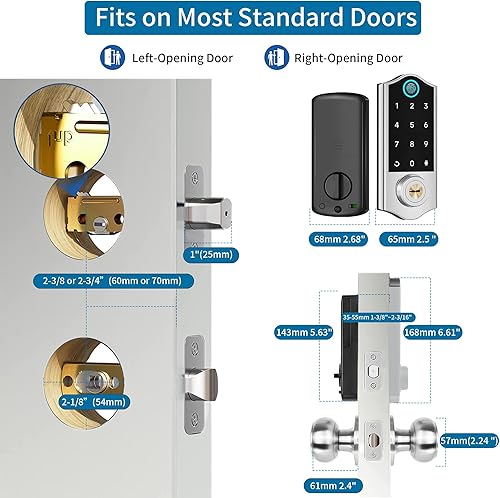 Miniatura 6 de Harfo Cerraduras inteligentes de huellas dactilares para puerta delantera con juego de manija, control de aplicación, cerradura de puerta de entrada