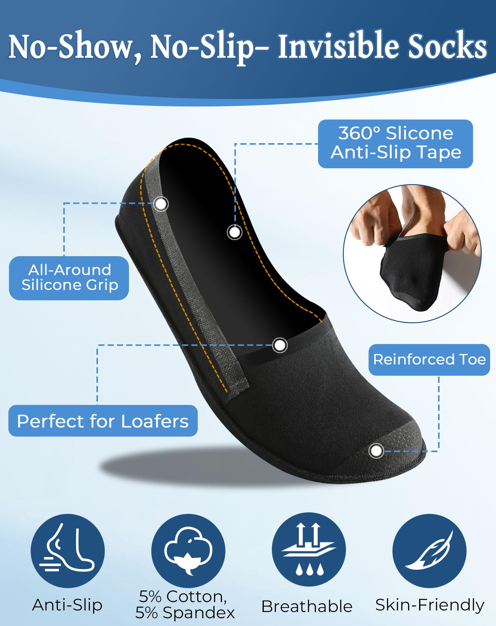 MOCOCITO Calzini Fantasmini Invisibili da Uomo Donna,Calze Corte Traspirante Cotone 6 Paia,con Strisce di Silicone Taglio Basso Antiscivolo,Calzini per Mocassini e Scarpe da Barca,Sneaker,Taglia 35-48