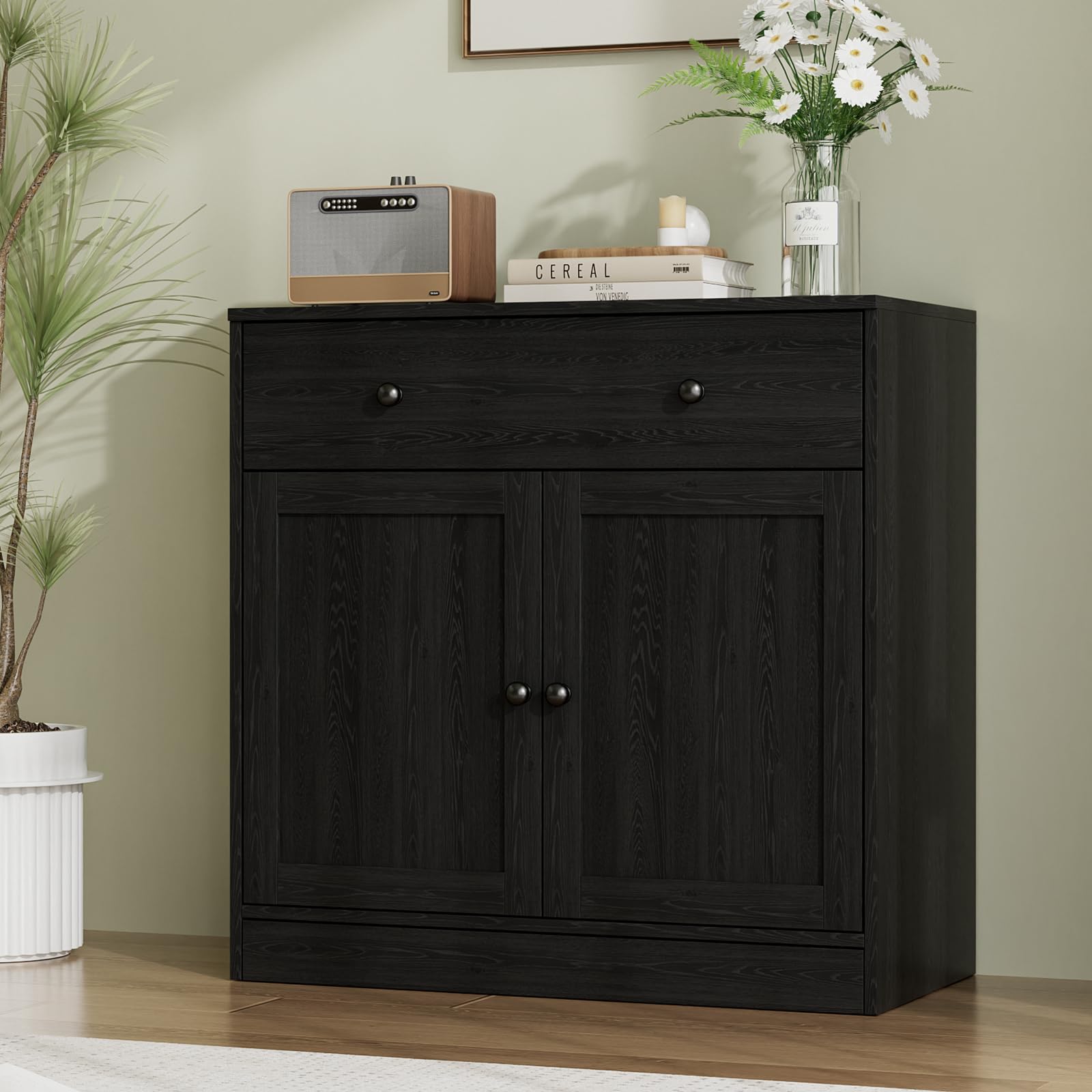 VOWNER W80cm Sideboard with Drawer, Compact Storage Cabinet for Living Room, Multi-Functional Buffet Unit for Kitchen, Bedroom, Hallway (Black, 1PCS)