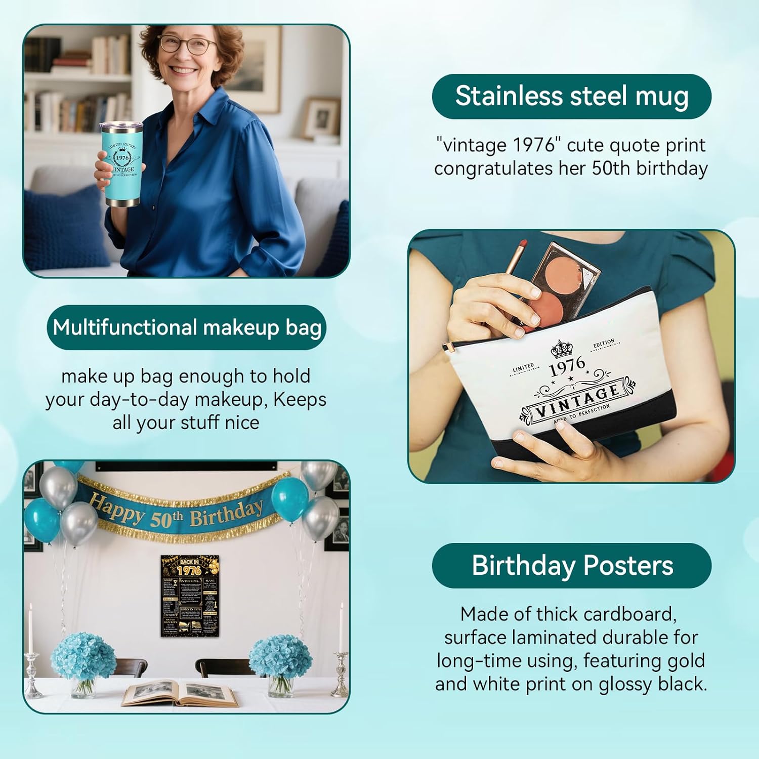 50th Birthday Gifts for Women Her- 4 pcs, Turning 50 Year Old Gifts, Decorations Canvas Beach Tote Bag & Makeup Bag, Unique Happy 50th Present for Her Mom Wife Friends - Image 8