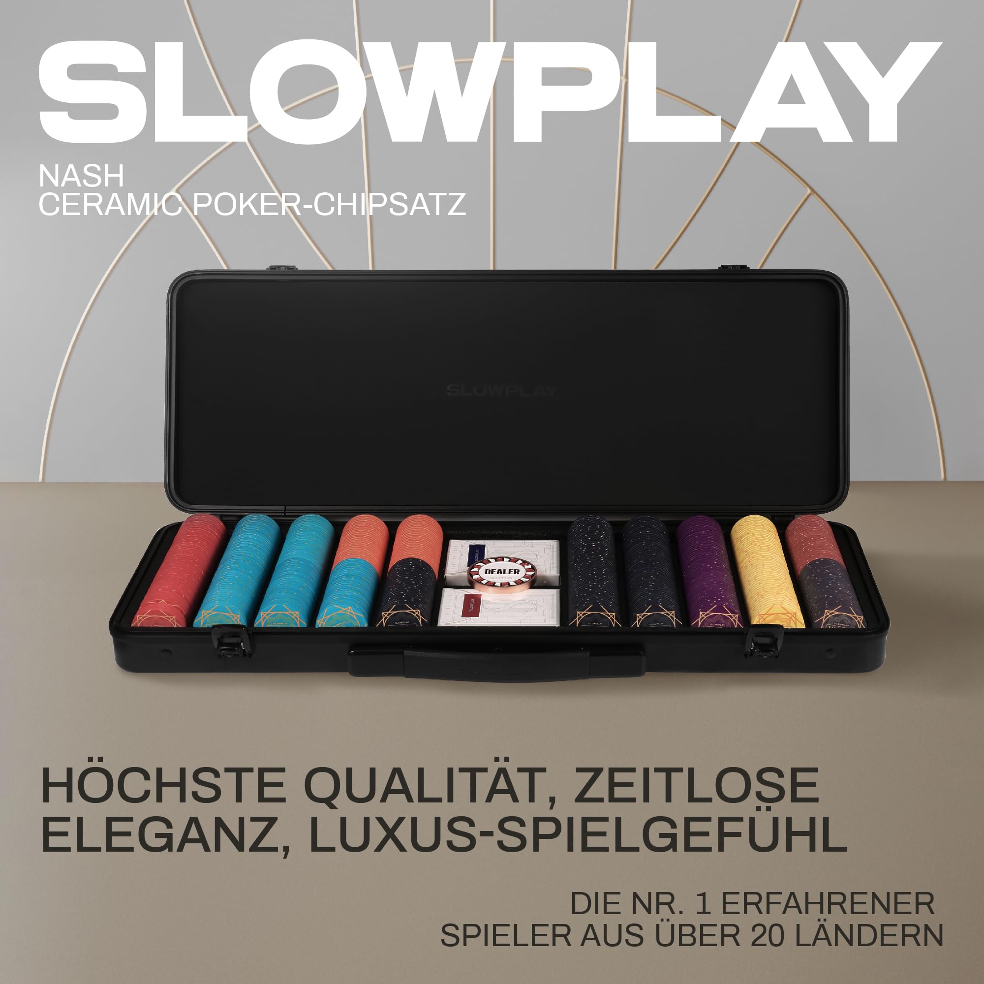 SLOWPLAY Nash Keramik-Poker-Set, 10 g/39 mm Chips, Texas Hold’em | 500 Stk. mit Werten; Premium-Koffer mit PC-Schale; Keramikverbundchips; Art-déco-Design