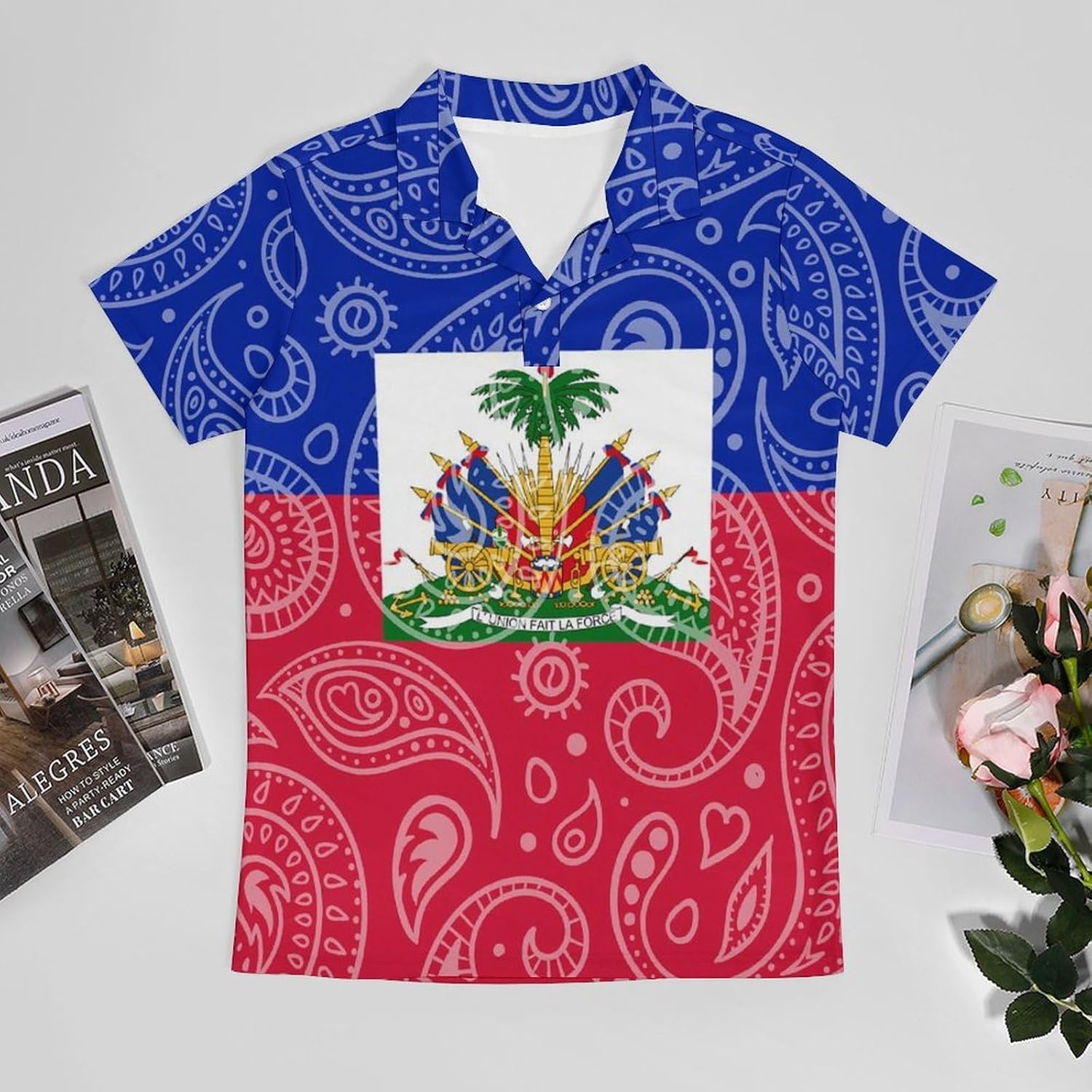 Haitians-Flag Paisley Pattern Novelty Men's Short Sleeve Shirt Golf Tennis Shirts Work T-Shirt Sport Tee