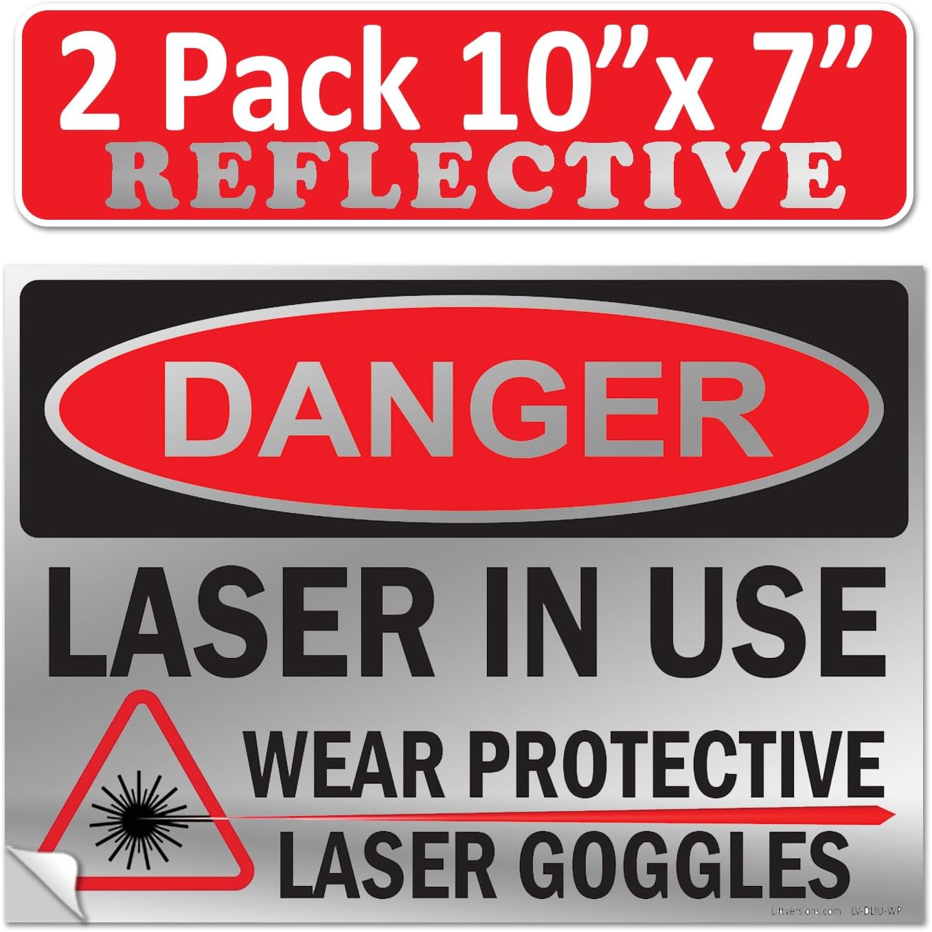 2 Pack 7"x10" Reflective Danger Laser in Use Wear Protective Goggles Eyerwear OSHA Warning Safety Hazard Label Sign Decal 6 mil Laminated Engineer Grade UV Protected ANSI NFPA Weather Resistant