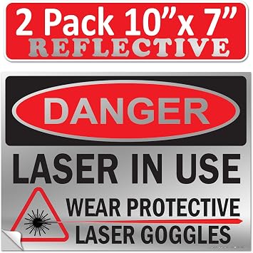 2 Pack 7"x10" Reflective Danger Laser in Use Wear Protective Goggles Eyerwear OSHA Warning Safety Hazard Label Sign Decal 6 mil Laminated Engineer Grade UV Protected ANSI NFPA Weather Resistant