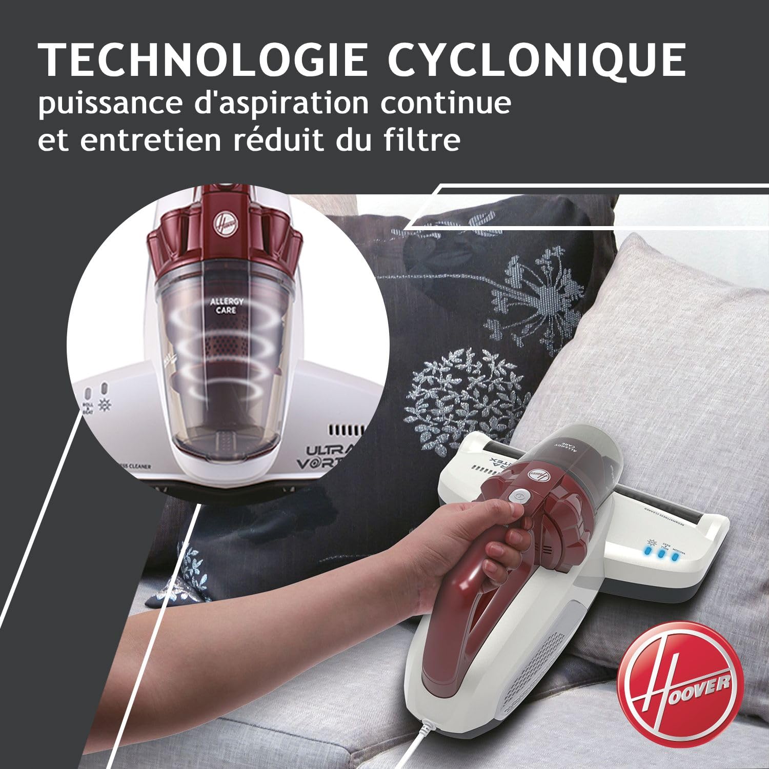 Hoover MBC500UV Ultra Vortex Aspirateur à Main Special Matelas Animaux Allergies, Ultra Puissant 500W, Lampe UV-C antibactérien, Anti-Acariens, Idéal Canapés Coussins Matelas, Blanc nacré Bordeaux