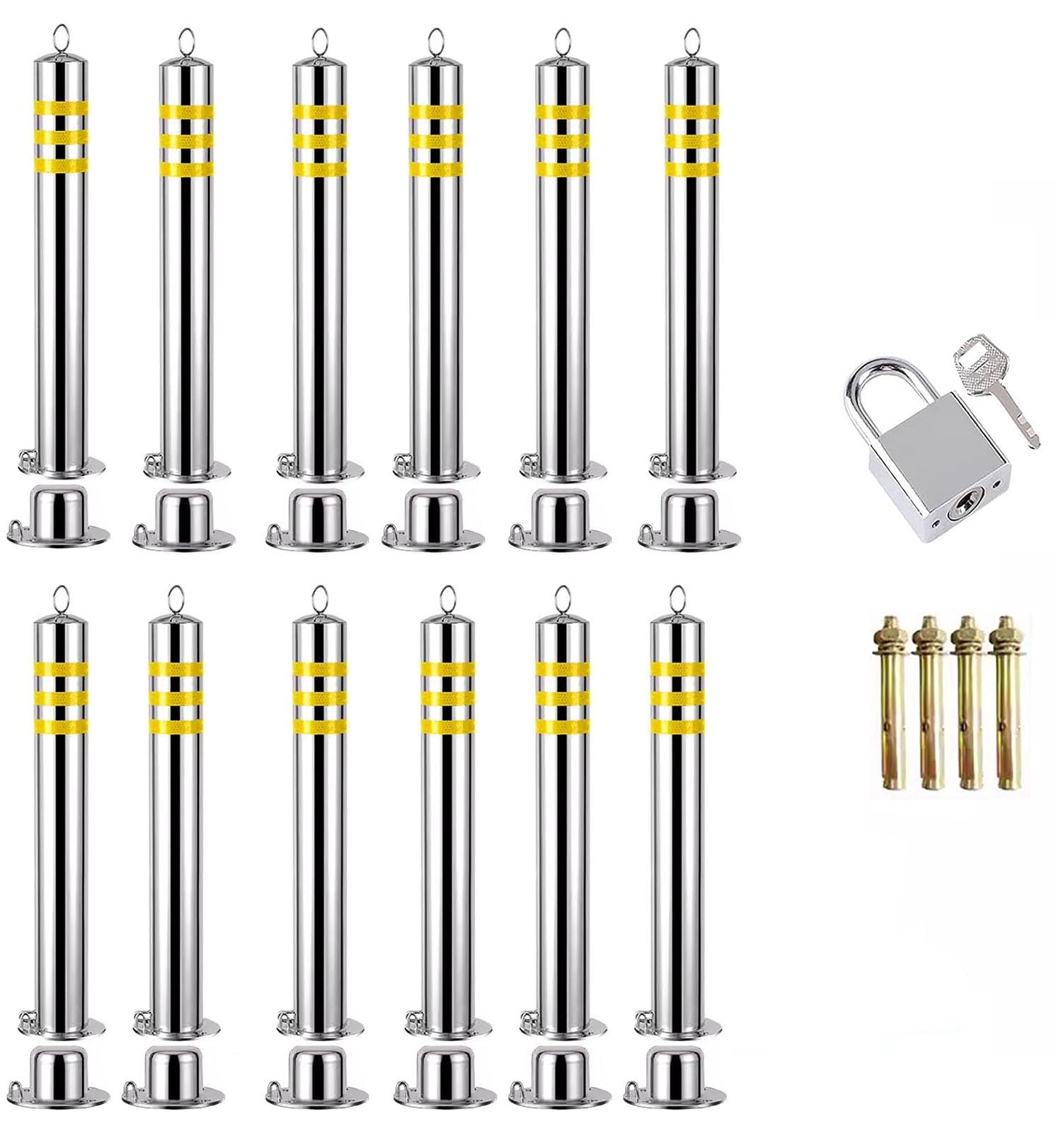JYBNBBE Driveway Caution Sign Security Bollards Kit, Conspicuous Removable Driveway Barrier Stanchion with Padlock, Stainless Steel Traffic Delineator Posts,12 Pack-75cm