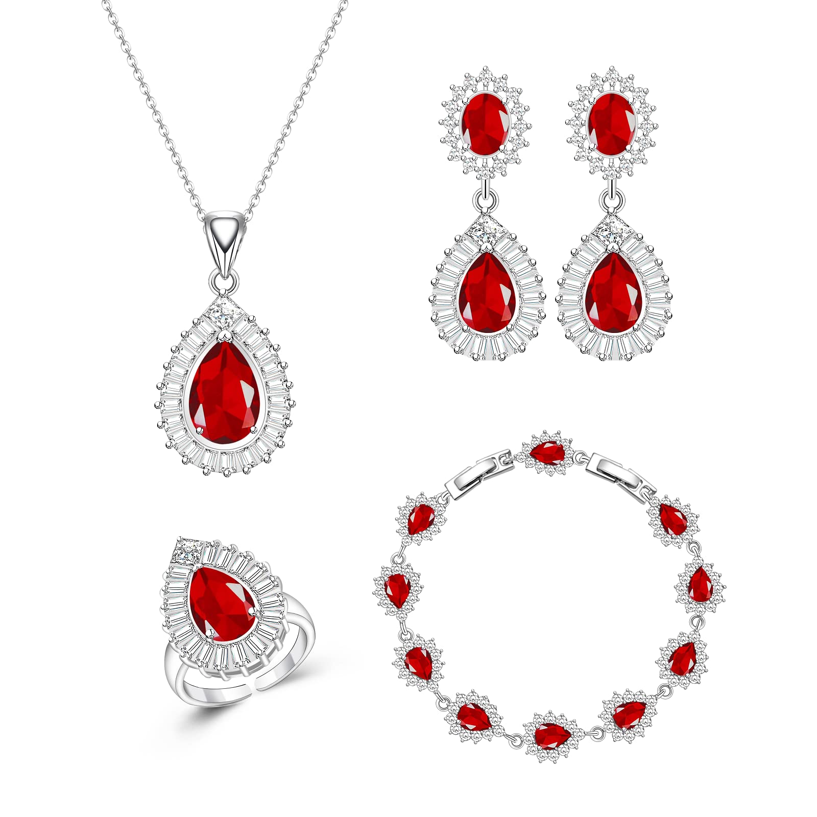 GZWHD Sparkling Jewelry Set for Women, Teardrop Earrings Necklace Bracelet Open Ring Set, Wedding Jewelry for Bride and Bridesmaids, Brass, Cubic Zirconia