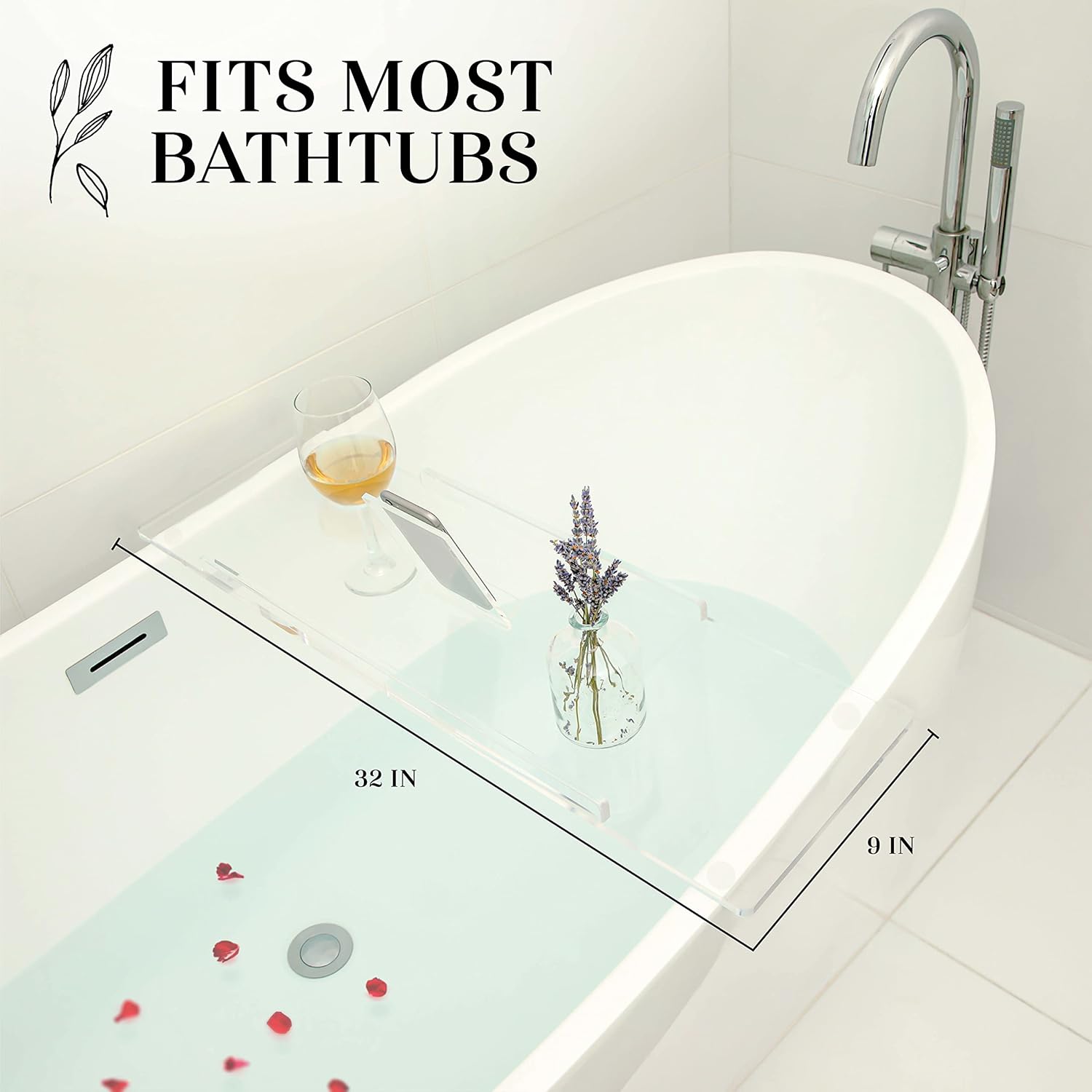 32" Supreme - Clear Acrylic Bathtub Tray Caddy Tub Shelf, Spa Board Luxury Bathroom Bath tub Table, Fits Across Bathtubs, Book, iPad and Wine Glass Holder (Supreme, 32")