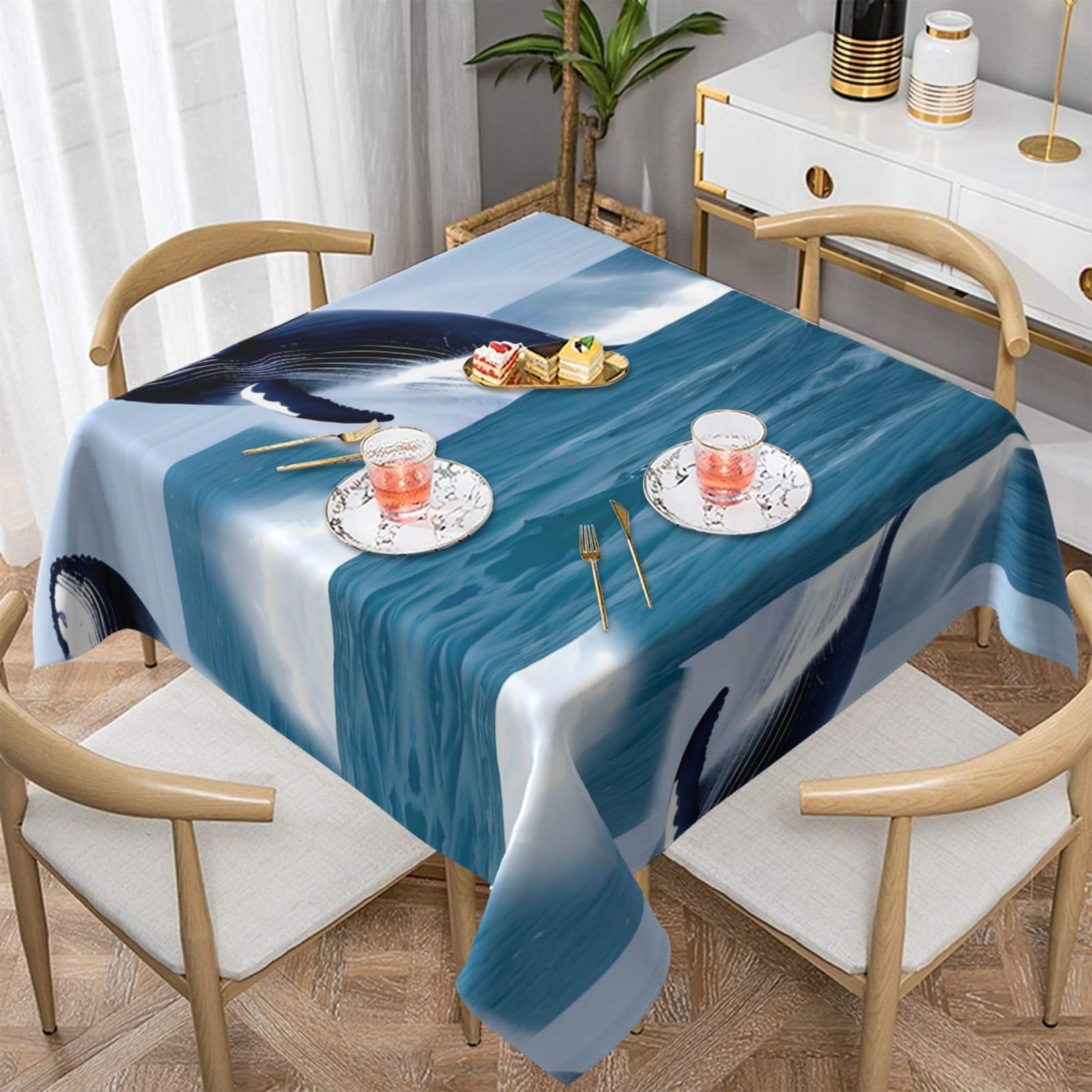 Nappe carrée tissu polyester protège table 137x137 cm motif Baleines DLXW