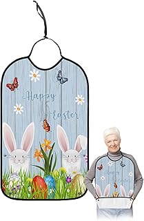 Spring Easter Adult Bibs for Elder Women Men Eating, Colorful Eggs Bunny Bright Floral Blue Wood Waterproof & Washable Bibs for Eating Clothing Protector Dining Bibs for Crumb Catcher