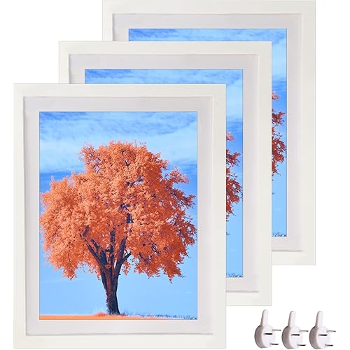 12x16 Picture Frame Set of 3 Wood Diamond Painting Frame 30x40cm Display 10x14 in / 25x35cm with Mat or 12 x 16 in / 30cm x 40cm Without Mat Diamond Art Frame Poster Photo Gallery Wall Frame - White