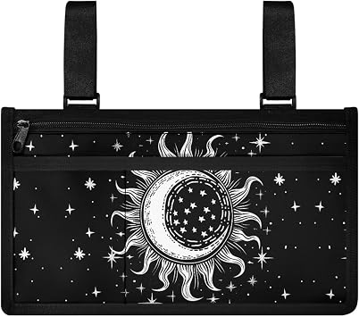 LedBack Wheelchair Side Bag Walker Bag Wheelchair Bags to Hang on Side Armrest Pouch Accessories for Walker, Rollator, Electric Scooter Wheelchairs, Moon Sun Star Black