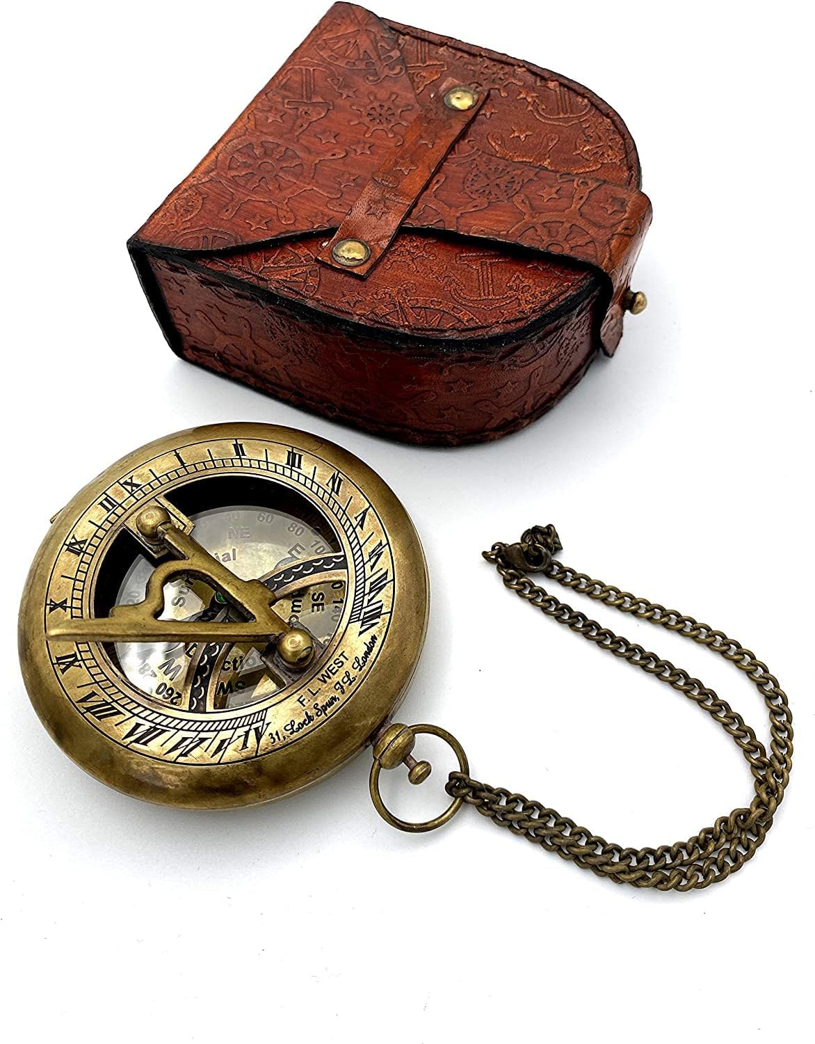 Brass Sundial Compass with Leather Case and Chain Push Open Compass Steampunk Sundial Clock Accessory Antiquated Finish Beautiful Handmade Gift