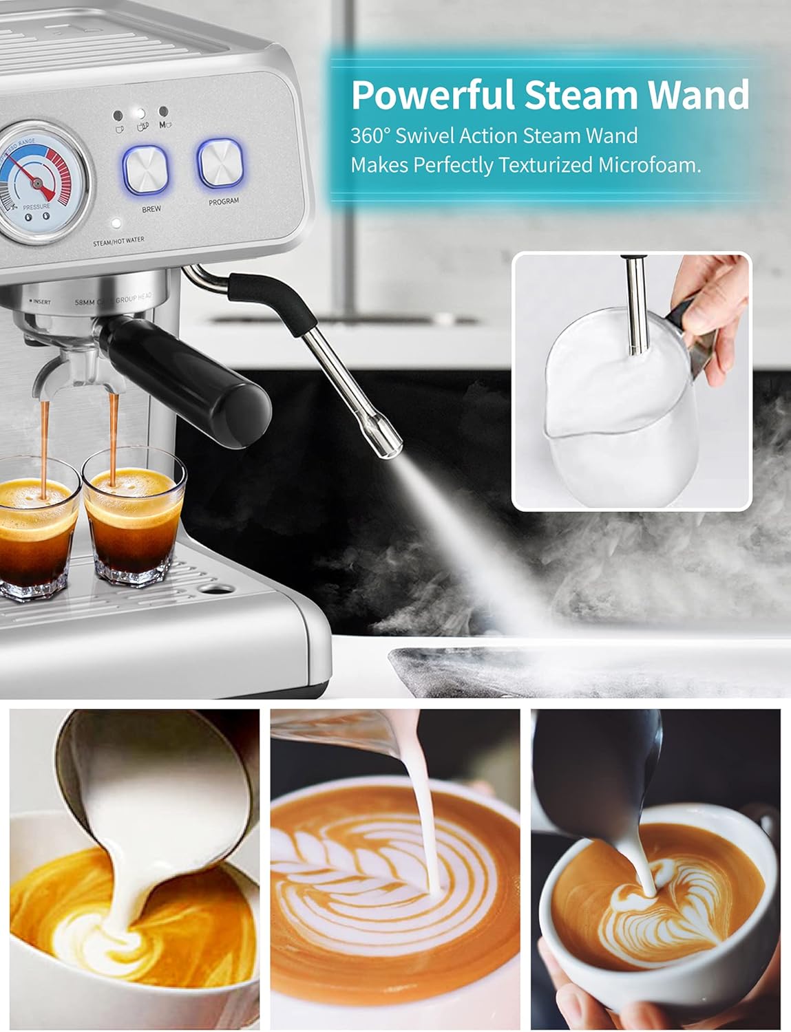 Gevi Espresso Machine & Coffee Maker - 20Bar Semi Automatic Espresso Machine With Grinder & Steam Wand  All in One Espresso Maker & Latte Machine for Home Dual Heating System Silver White