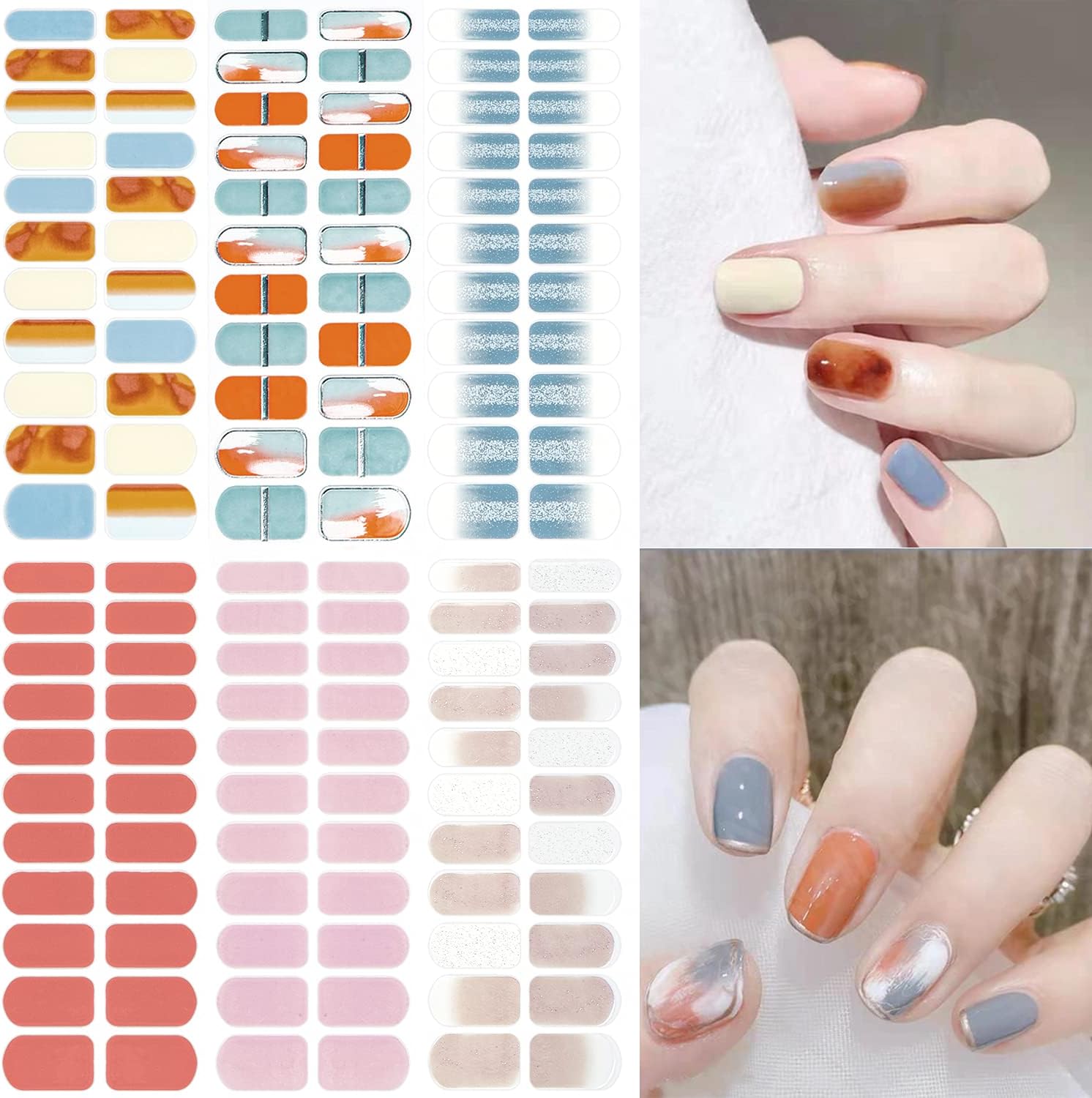 NAILDOKI Nail Stickers 6 Sheets x 22 Pieces Full Wraps Nail Polish Strips, Self-Adhesive Gel Nail Art Decals for Women Girls