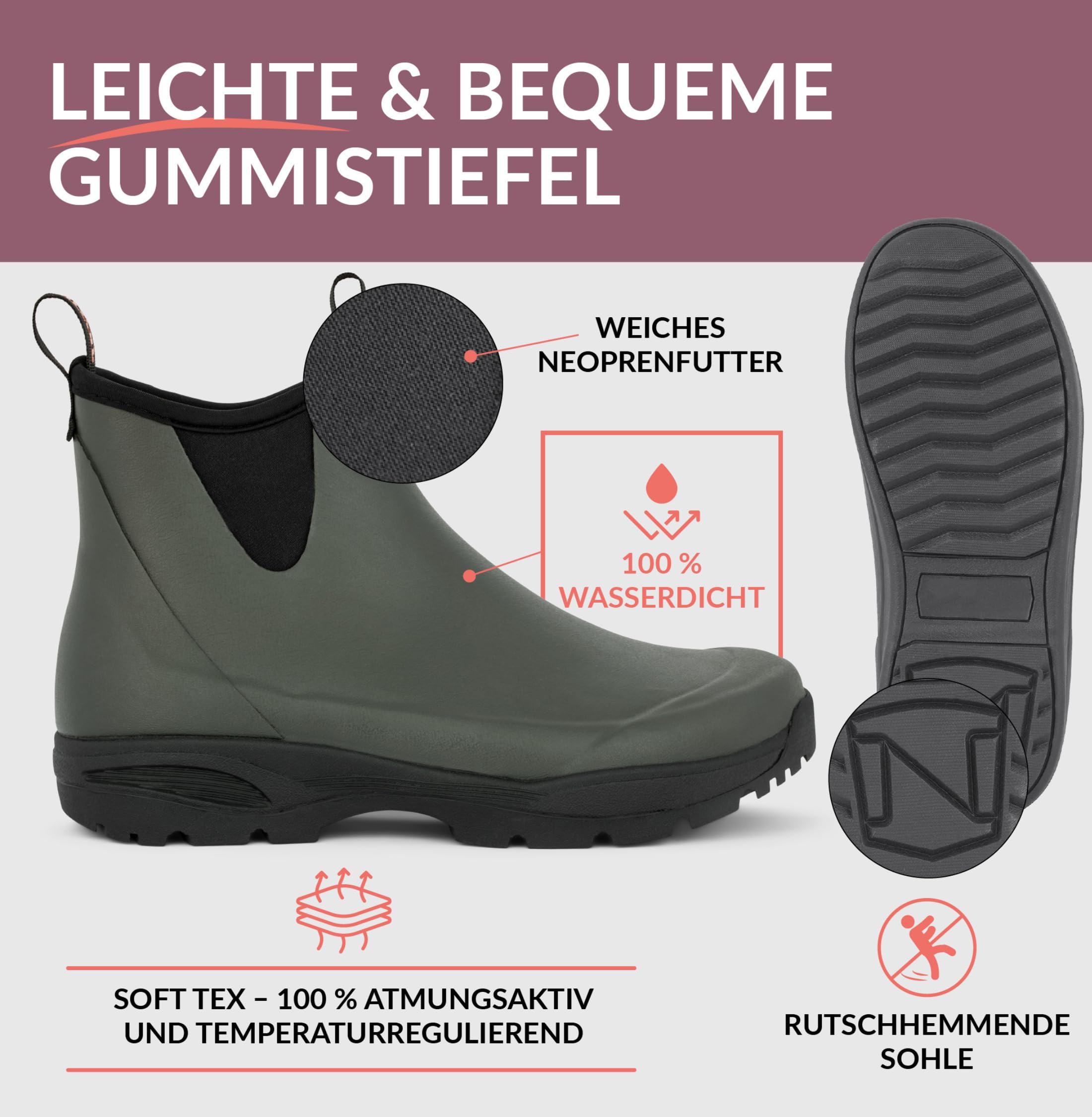 Gummistiefel Damen Halbhoch | Premium Regenschuhe für Garten & Hundespaziergang | Wasserdicht, Rutschfest & mit EnergySole Fußbett | Kurzschaft Regenstiefel & Stiefeletten