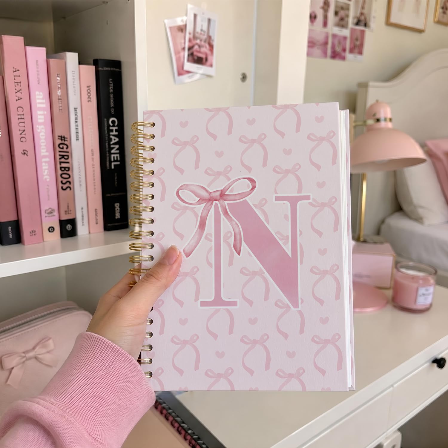 Coquette adrettes Spiralnotizbuch mit rosa Schleife, Initial N Journal, personalisiertes Geschenk für Teenager, Mädchen, trendiges personalisiertes Geschenk für Frauen, Teenager, Mädchen