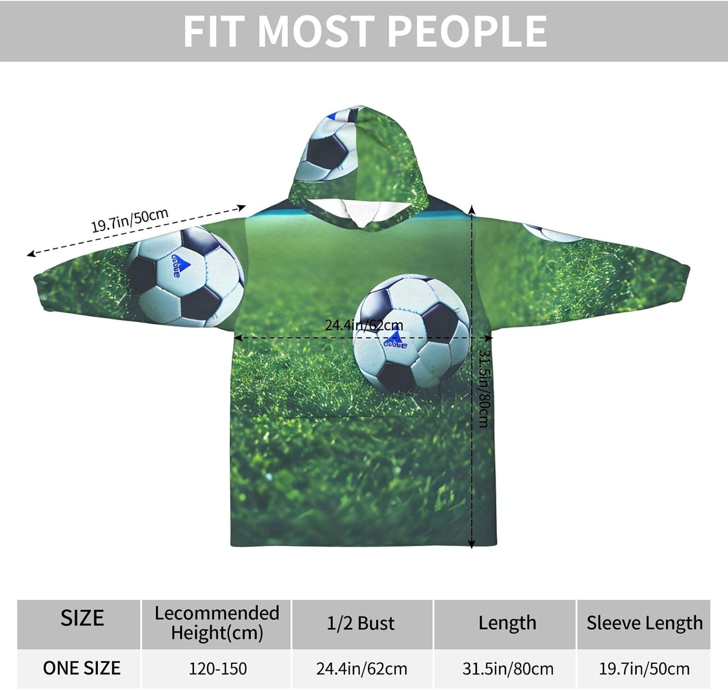 Soccer Ball On Grassy Print Oversized Blanket Hoodie, Wearable Blanket Hooded,Hooded Pullover With Pocket