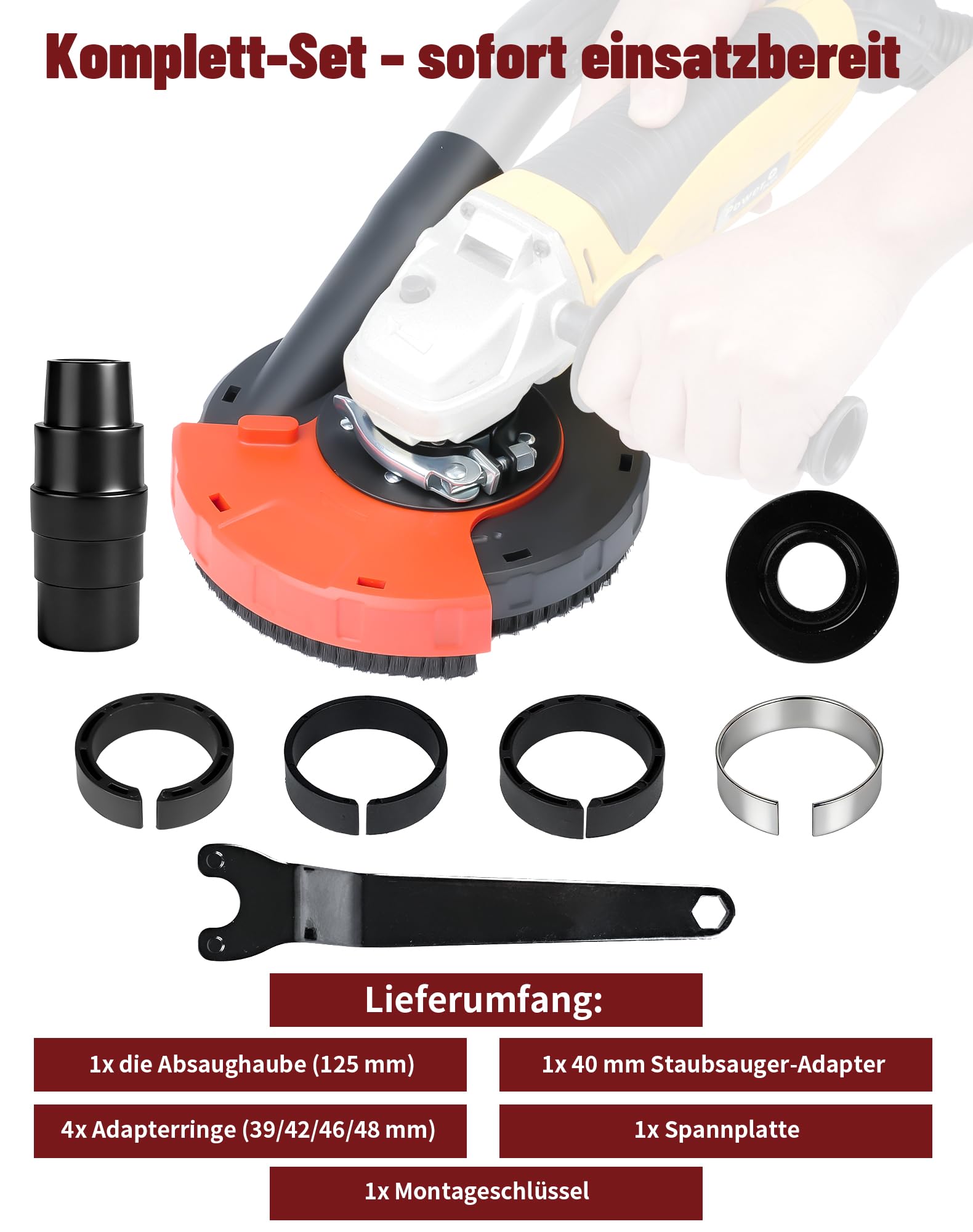 Capot d'aspiration universel pour meuleuse d'angle 115/125 mm avec couronne de brosse avec adaptateur et outil, jusqu'à 90 % de poussière en moins lors du ponçage pour meuleuse d'angle 115/125 mm