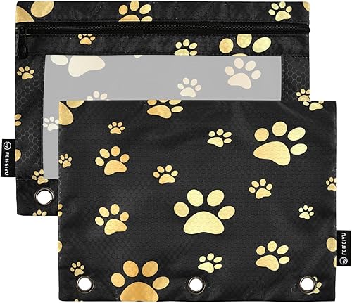 Emelivor Estuche para lápices de 3 anillos con estampado de huellas de perro dorado con cremallera, estuche transparente para lápices, bolsas para
