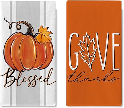 Thanksgiving Pumpkin Orange Kitchen Dish Towels Set of 2, Fall Give Thanks Blessed Maple Leaves Drying Hand Towel Baking Cooking Cloth, Autumn Farmhouse Bathroom Home Decoration 18 x 26 Inches