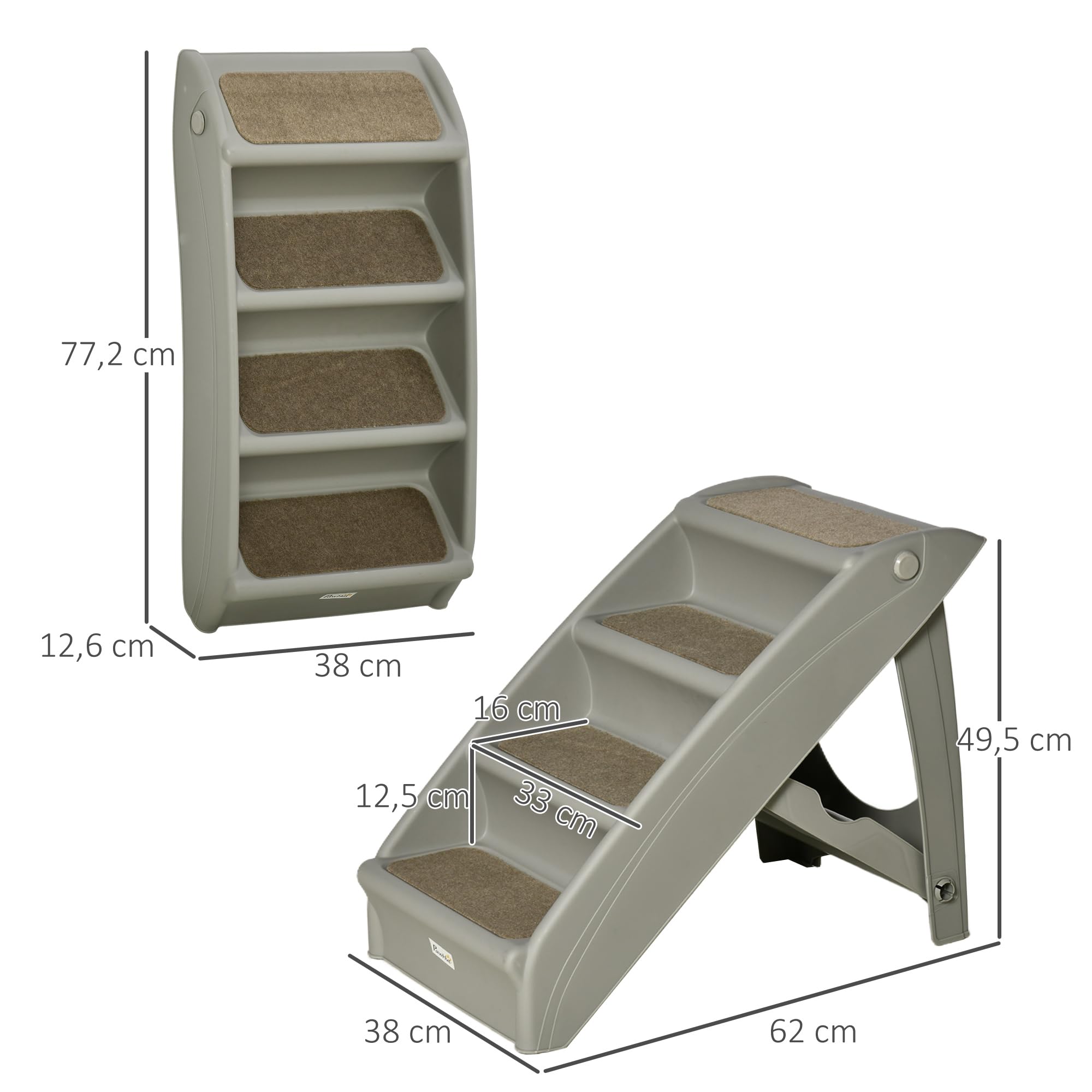 PawHut Escalier pour Chien Pliant 4 marches Antidérapantes, Portable en Plastique, Charge 10 kg, 62 x 38 x 49,5 cm, Gris