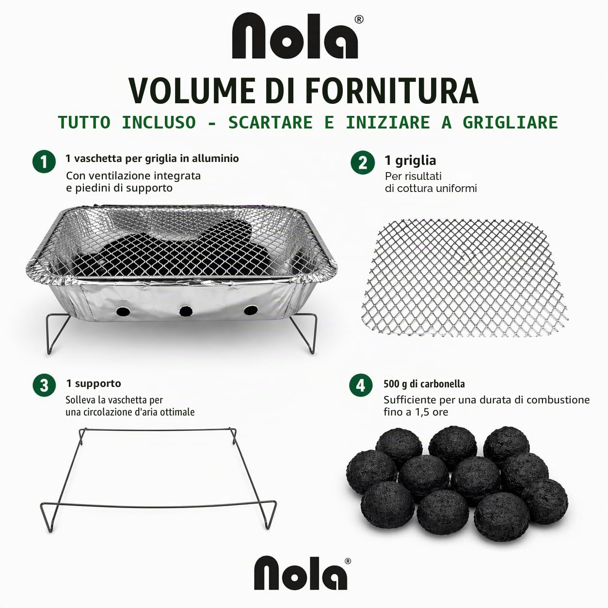 NOLA Barbecue Monouso - Confezione da 12 - Con Carbone da 500 g & Carta d'accensione - Pronto all'uso per Picnic, Campeggio & Festa Barbecue - Instant Picnic Grill Art. 365 (12)
