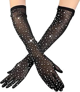 قفازات شفافة للنساء - قفازات دانتيل سوداء طويلة مزينة باحجار الراين، مثالية للمناسبات الرسمية وازياء الهالوين والحفلات التنكرية لتعزيز الأناقة والسحر بتصميم معقد