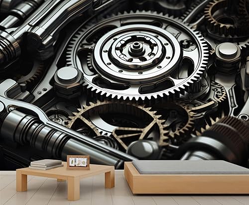 Miniatura 14 de Mural de pared industrial retro, mural industrial retro, papel tapiz de engranajes, mural de pared de textura metálica para sala de estar y